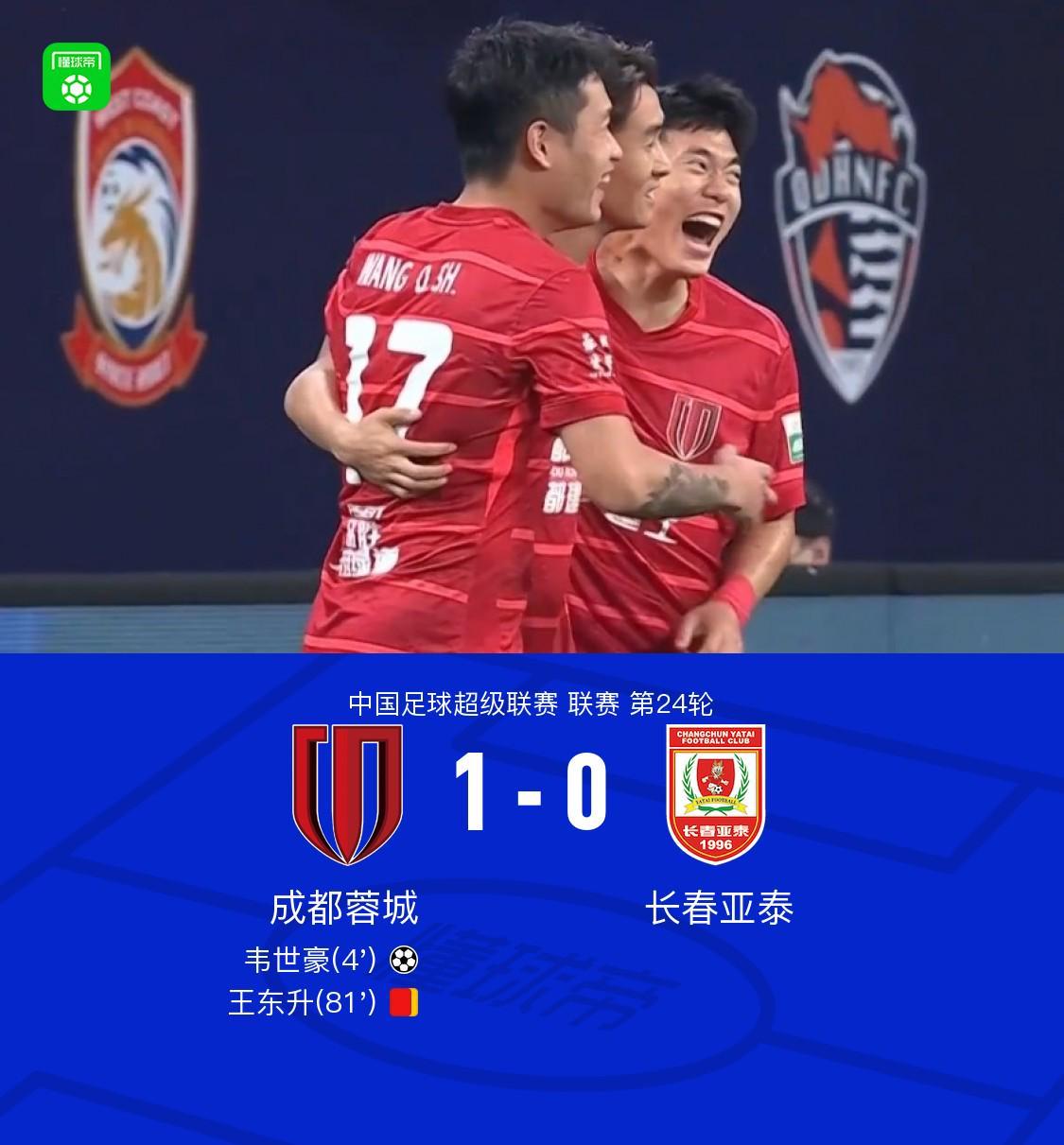 成都1-0亚泰继续领跑,韦世豪任意球制胜+伤退,王东升染红